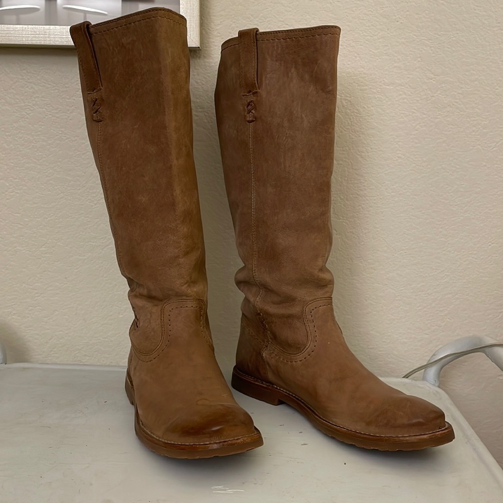FRYE BOOTS 11 B “ CELIA X STITCH “ 76340 RIDING BOOTS TALL LIGHT BROWN/GRAY
